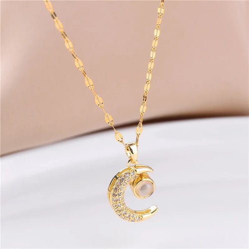 Stainless Steel Crystal Moon Pendant Necklace