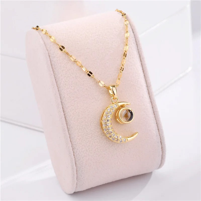 Stainless Steel Crystal Moon Pendant Necklace