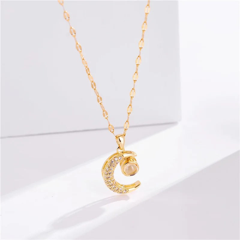 Stainless Steel Crystal Moon Pendant Necklace